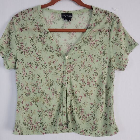 My Michelle Tops - My Michelle Sheer Floral One Button Top sz M green multi forest fairy 90s style